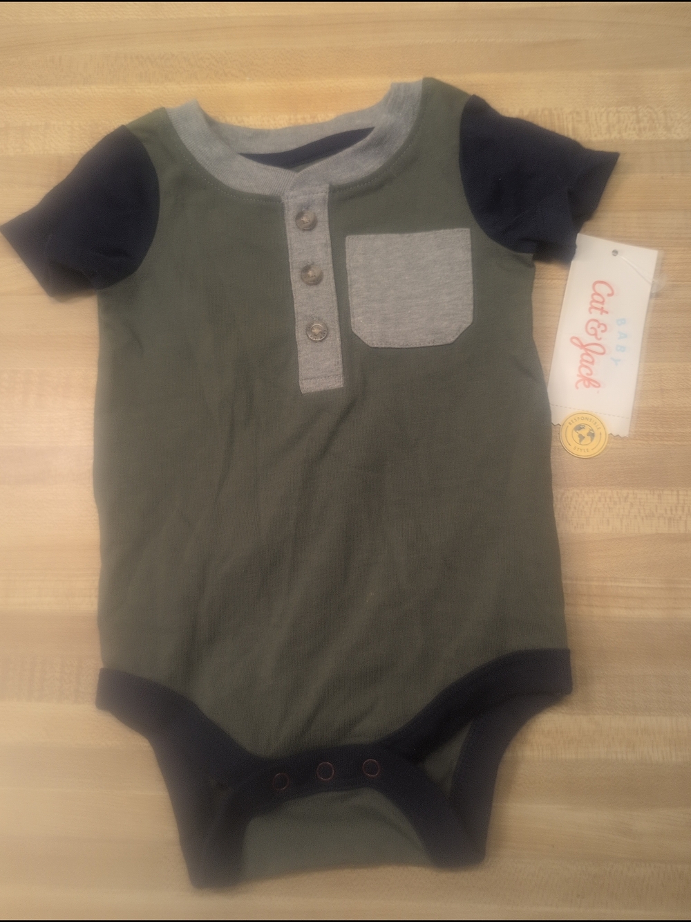 Cat & Jack Olive and Navy Short-Sleeve Henley Baby Bodysuit